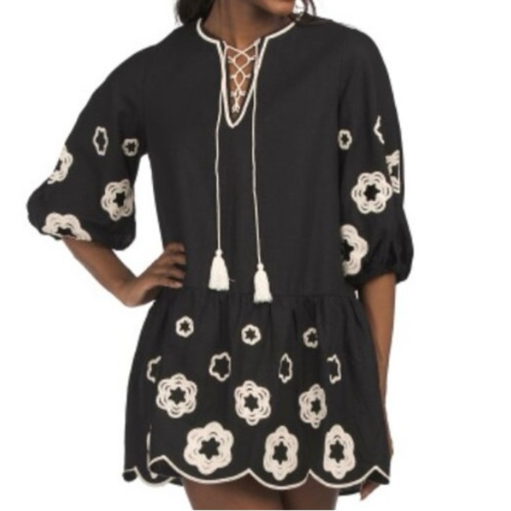 Camila Coelho Black and Cream linen Mini Dress XS